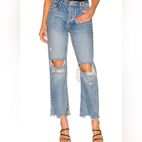 Free People Blue Boyfriend Jeans with Distressed Cropped Style - Picture 1 of 5